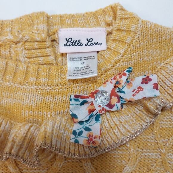 Little Lass | Girls Yellow Gold Knit Bow Ruffles Floral Chiffon Trim Sweater 4T - Picture 3 of 8